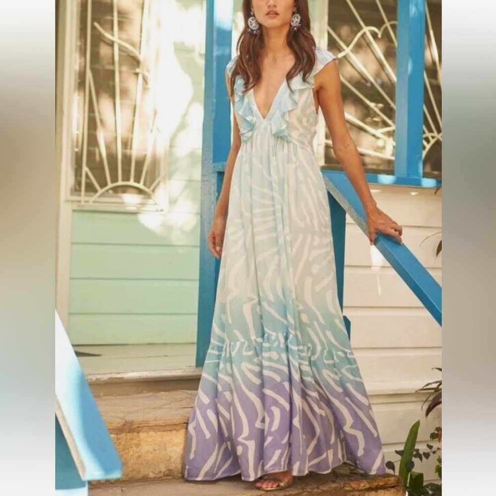 Oliphant Ruffle V Neck Collar Zebra Maxi Dress Ombré Blue Tuckernuck Small Silk